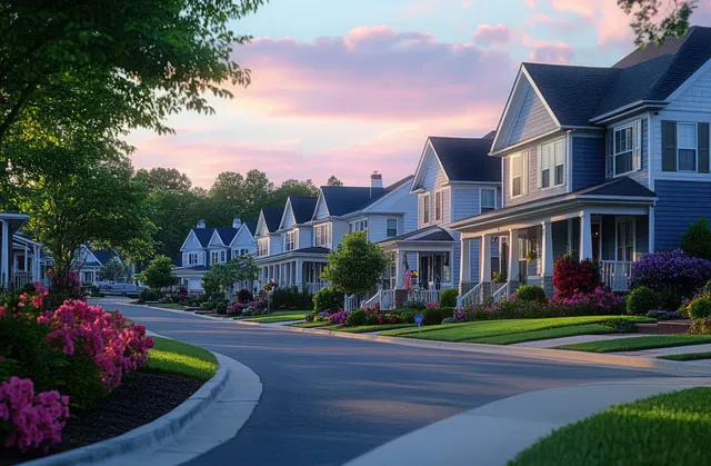 Suburban neighborhood street curves past front yards with blooming flowers under a colorful sunset sky.