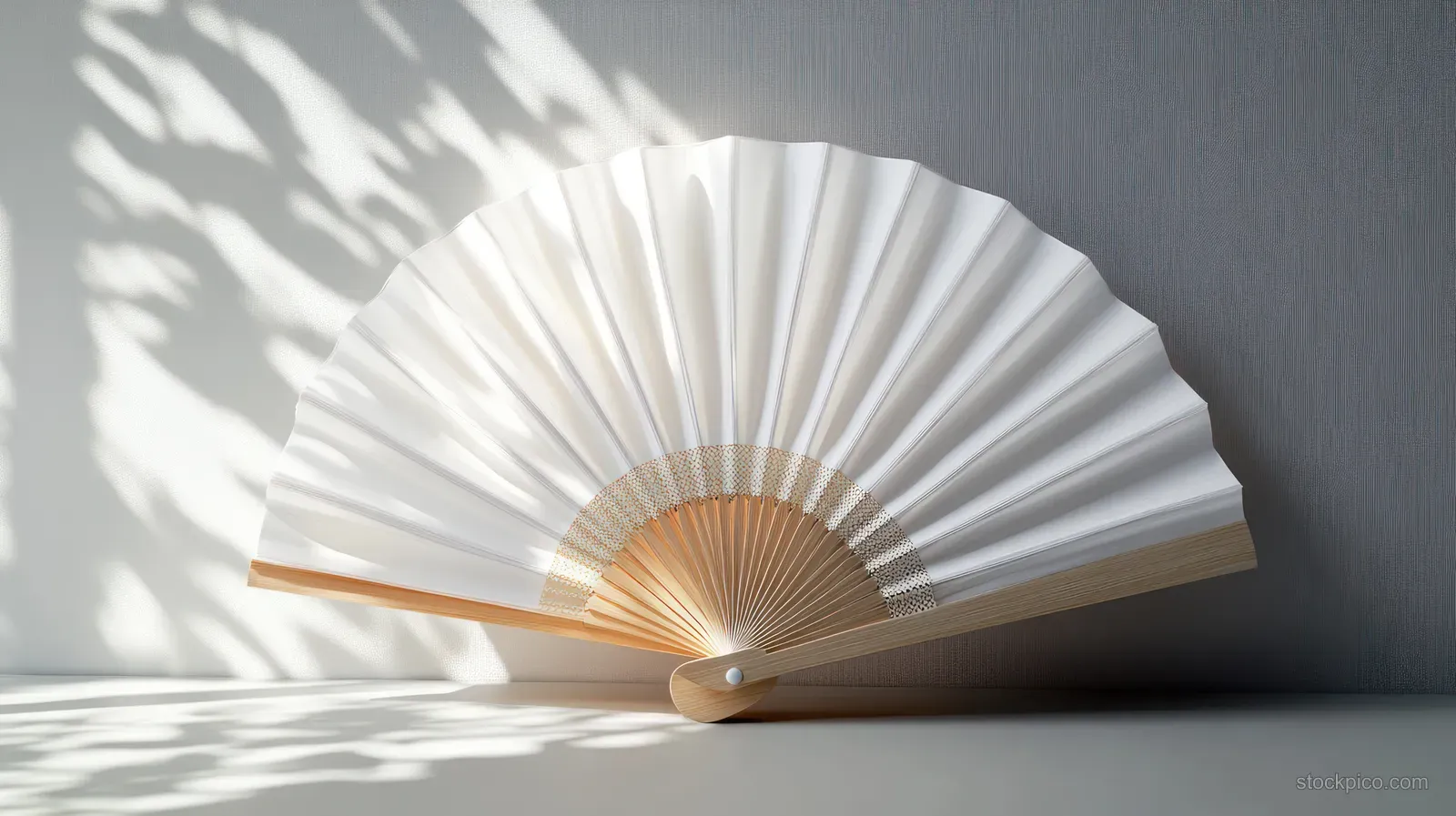 A white folding hand fan rests on a tabletop with strong sunlit shadows behind it.