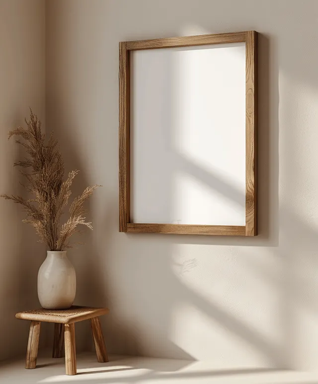 Minimal vertical wooden picture frame mockup on beige wall with soft sunlit shadows with Copy Space For Design