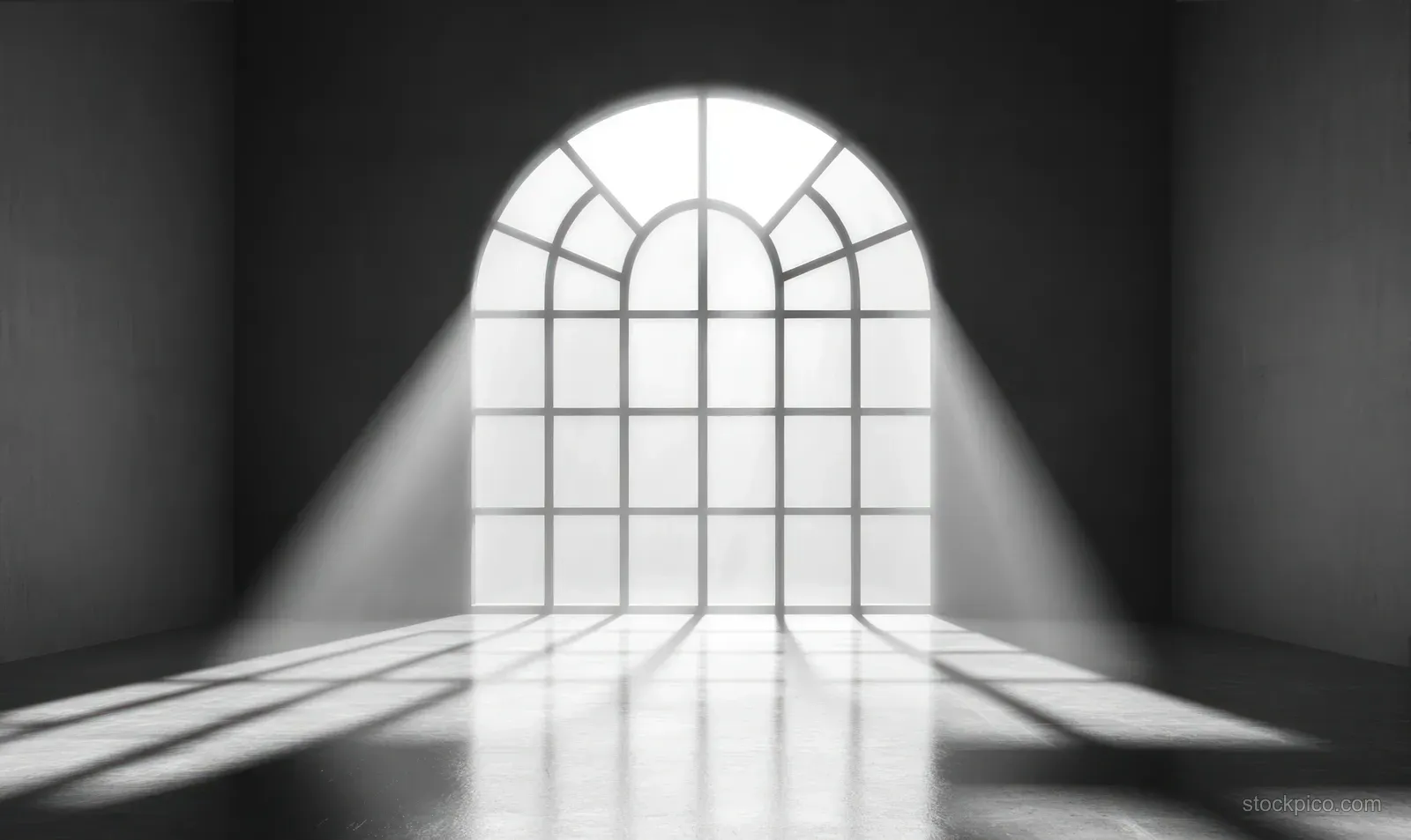 Bright sunlight enters through an arched window and casts geometric grid shadows on a polished floor inside an empty room.