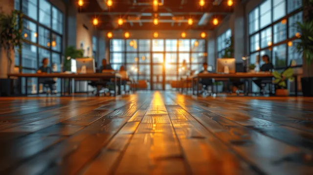 Open office interior with wooden floors, warm lights, and rows of desks beneath large windows.