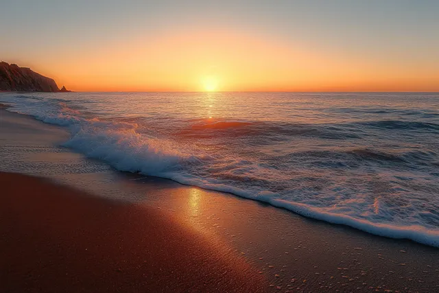Golden Sunset Seascape with Gentle Waves on a Sandy Beach