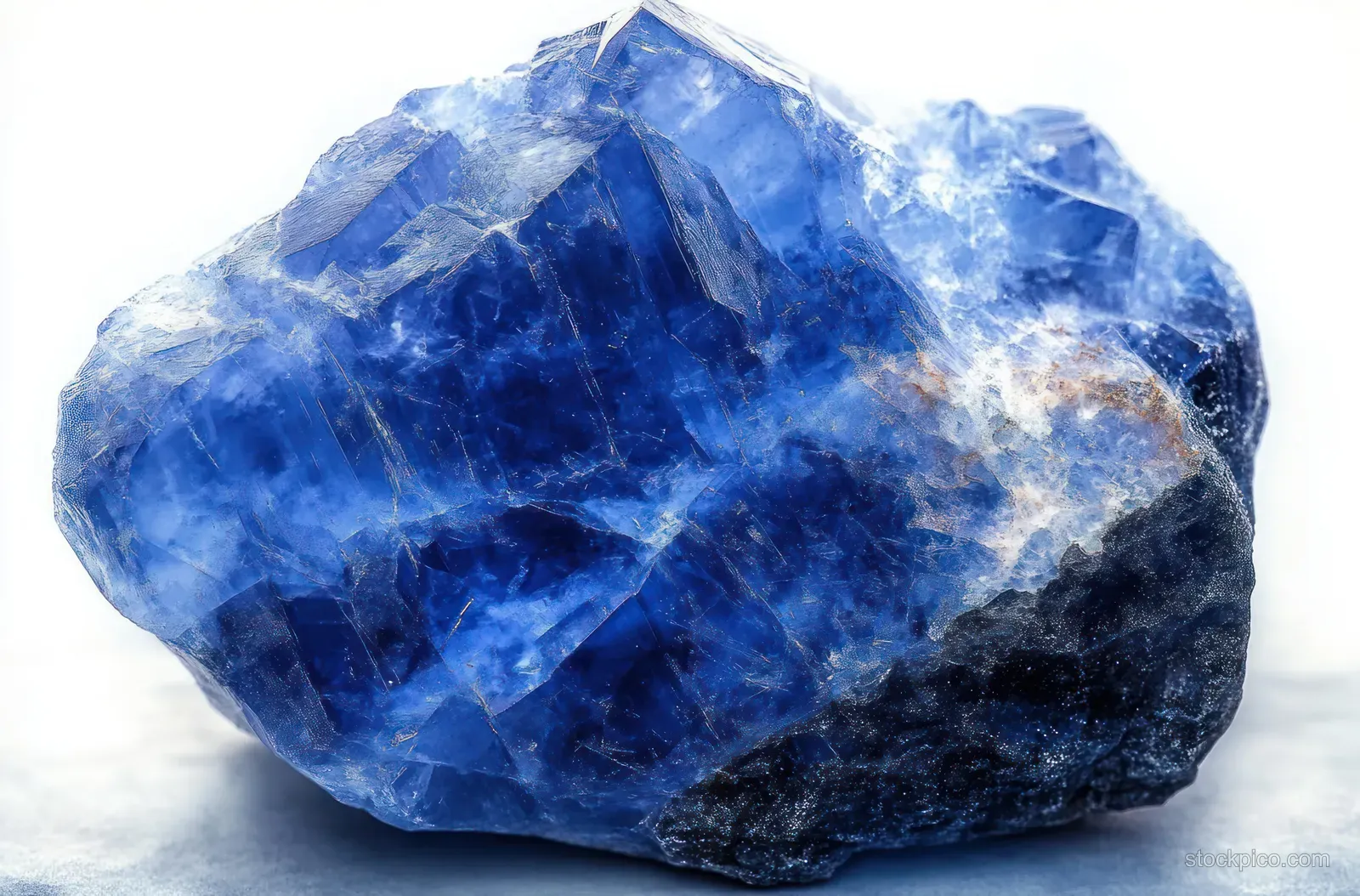 A rough blue crystal mineral specimen with translucent facets and opaque areas sits on a white background.