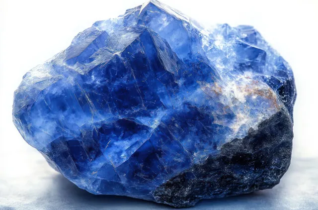 A rough blue crystal mineral specimen with translucent facets and opaque areas sits on a white background.