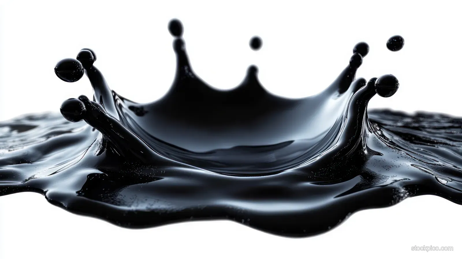 Black liquid crown-shaped splash with droplets suspended above a glossy rippling surface on a white background.
