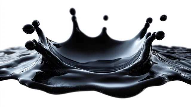 Black liquid crown-shaped splash with droplets suspended above a glossy rippling surface on a white background.