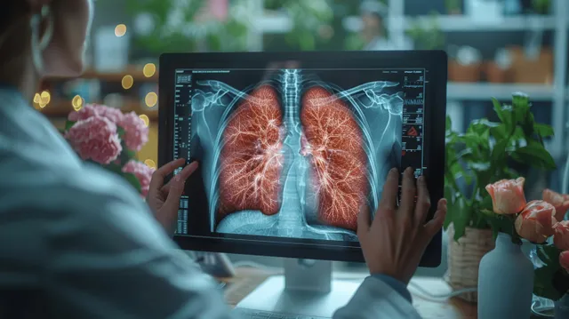 Doctor reviews lung X-ray on a hospital monitor while a patient waits during a diagnostic check.