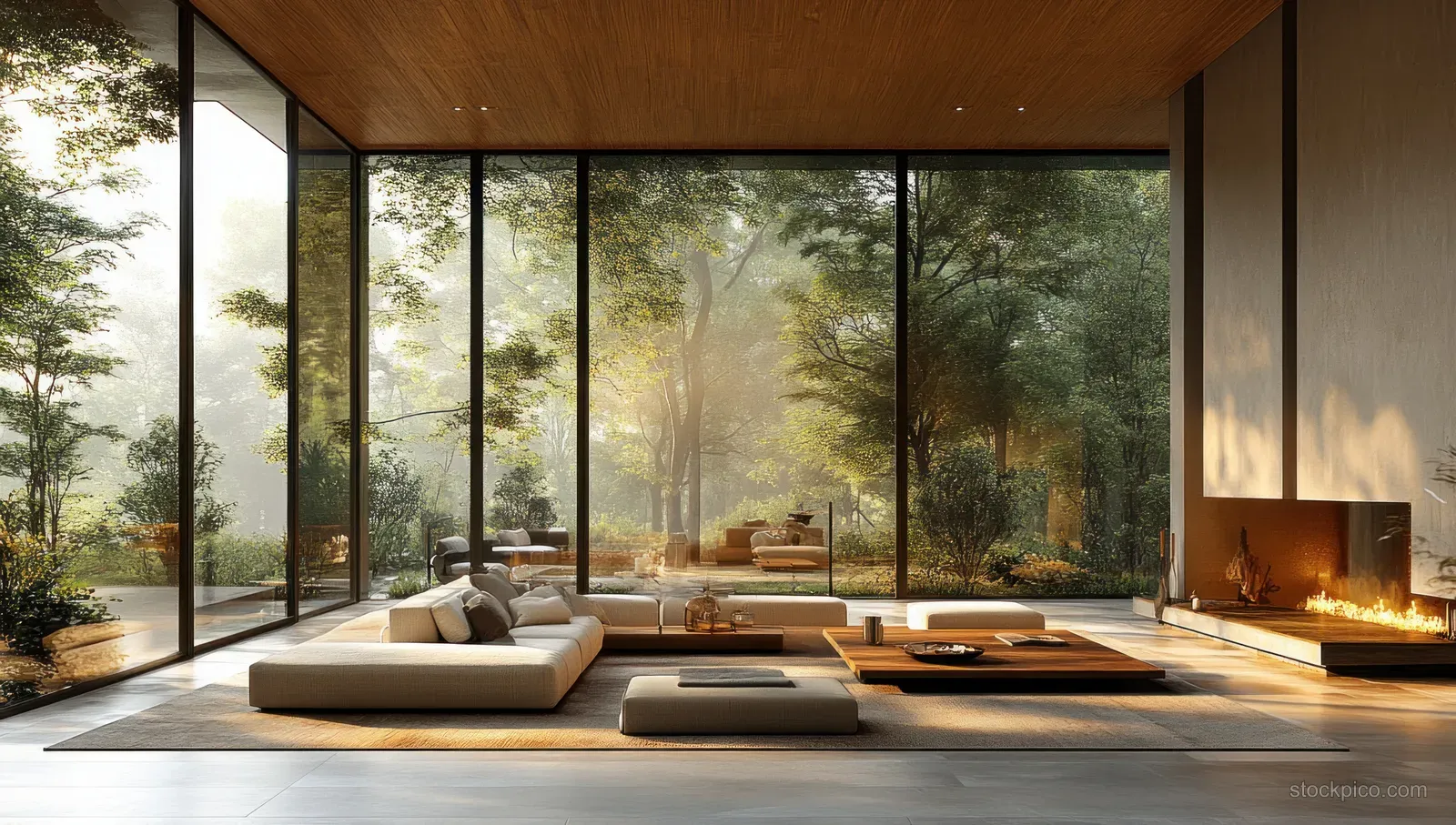 Minimalist loft living room with sofas facing large windows and an open garden door, lit by warm sunlight.