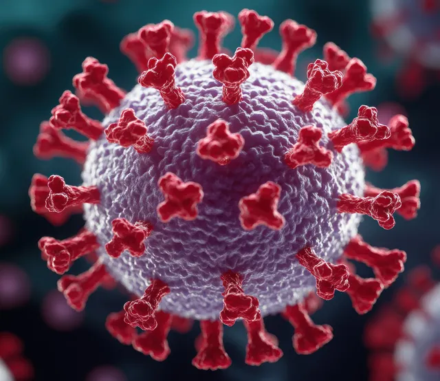 3D virus with spike proteins floating in dark lab background with dramatic rim light