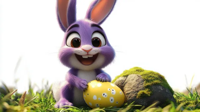 Purple bunny sitting on grass near a mossy rock holding a yellow spotted egg in bright sunlight.