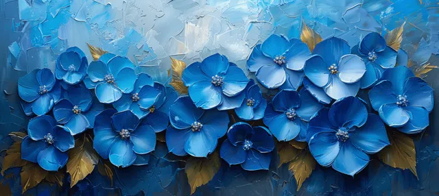Blue and purple hydrangea blossoms bloom along a garden wall in an oil-paint style.