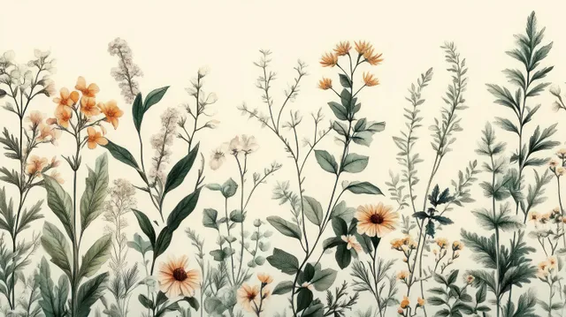 Seamless pastel illustration pattern of wildflowers, leaves, and grasses on a cream vintage background.