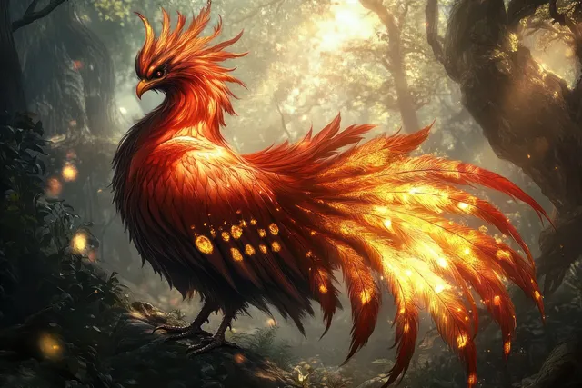 A glowing phoenix-like bird with fiery feathers stands on a rock in a misty golden forest.