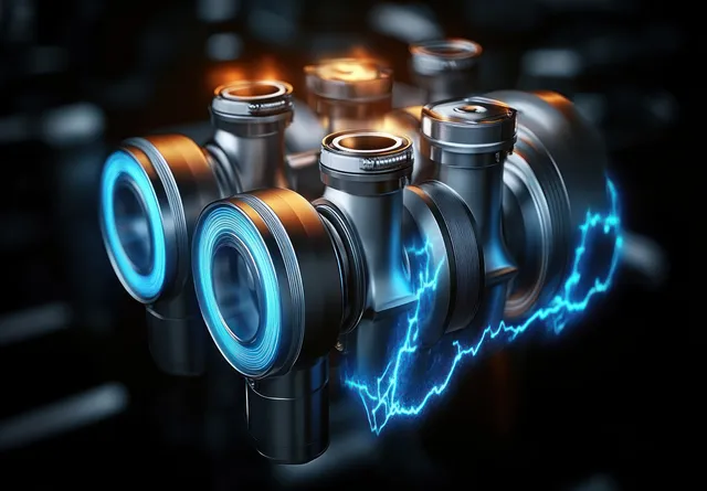 Metallic cylindrical machine parts with glowing blue rings and electric arcs between them on a dark background.