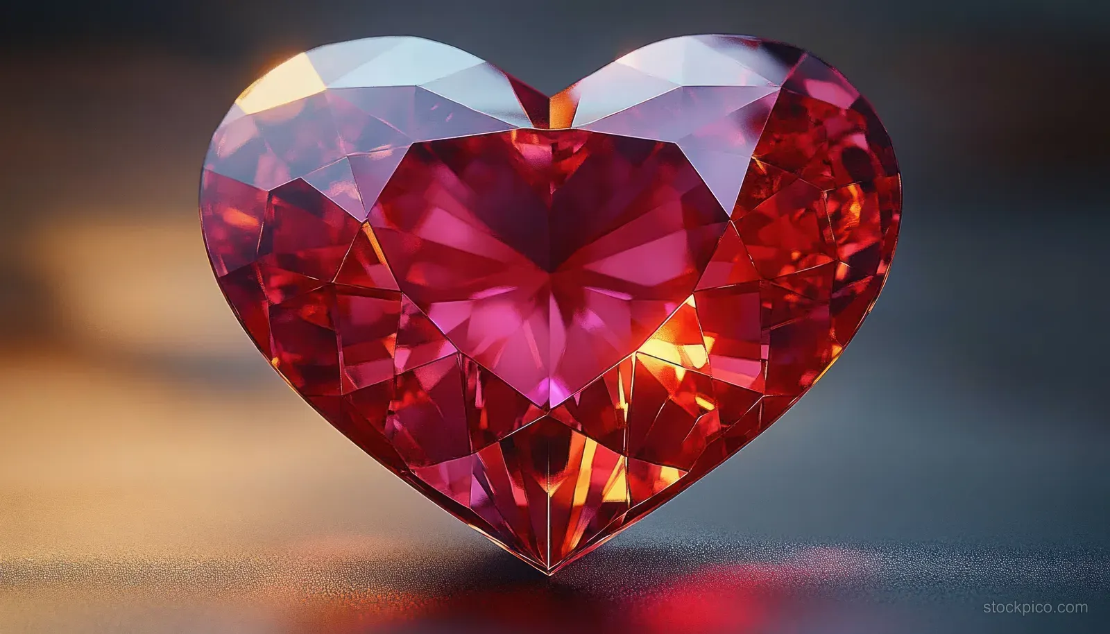 Heart-shaped red faceted gemstone with bright reflections and warm glowing highlights on a textured surface.