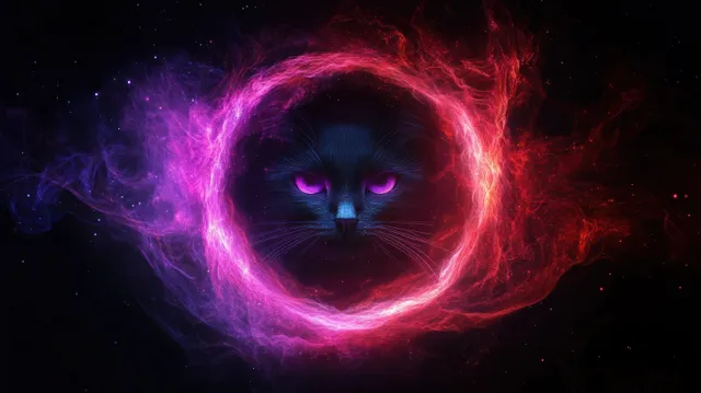 A cat-shaped cosmic portal glows with swirling purple and red energy rings in a dark starry space.