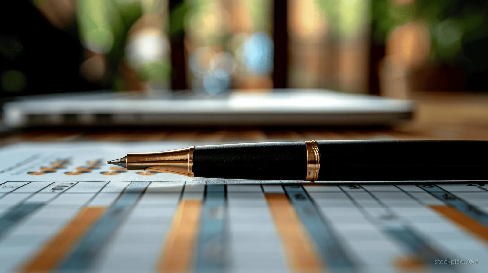 A pen rests on printed financial charts on an office desk while a laptop sits blurred in the background.