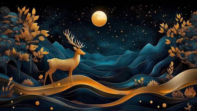 Golden deer stands on flowing hills under a full moon above blue art deco mountains with small birds in the sky.