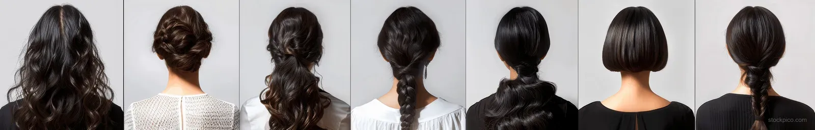Back view lineup of women displaying different hairstyles, including braided ponytail, wavy curls, and bobcuts, on a dark background.