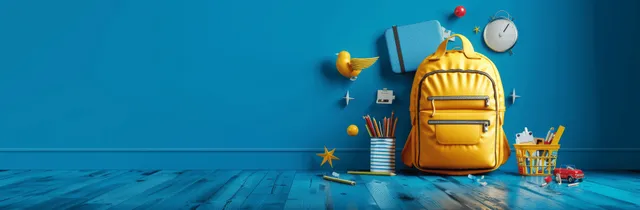 Yellow school backpack with pencils, books, and clock on blue backdrop, 3D render
