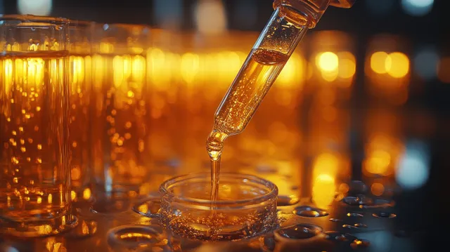 Amber liquid droplet falls from a pipette into an open glass test tube amid blurred laboratory glassware.