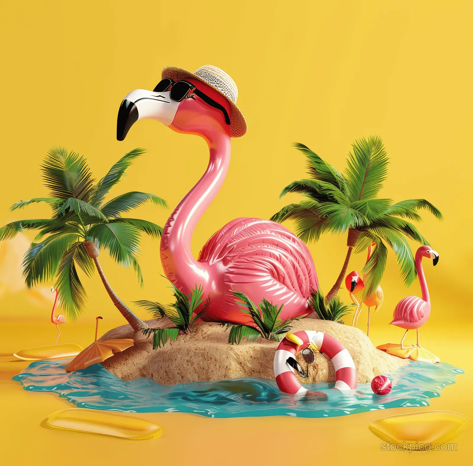 Pink flamingo with beach hat and sunglasses lounges on a floating inflatable island with palm trees against a yellow background.
