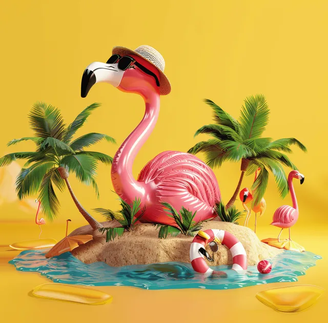 Pink flamingo with beach hat and sunglasses lounges on a floating inflatable island with palm trees against a yellow background.