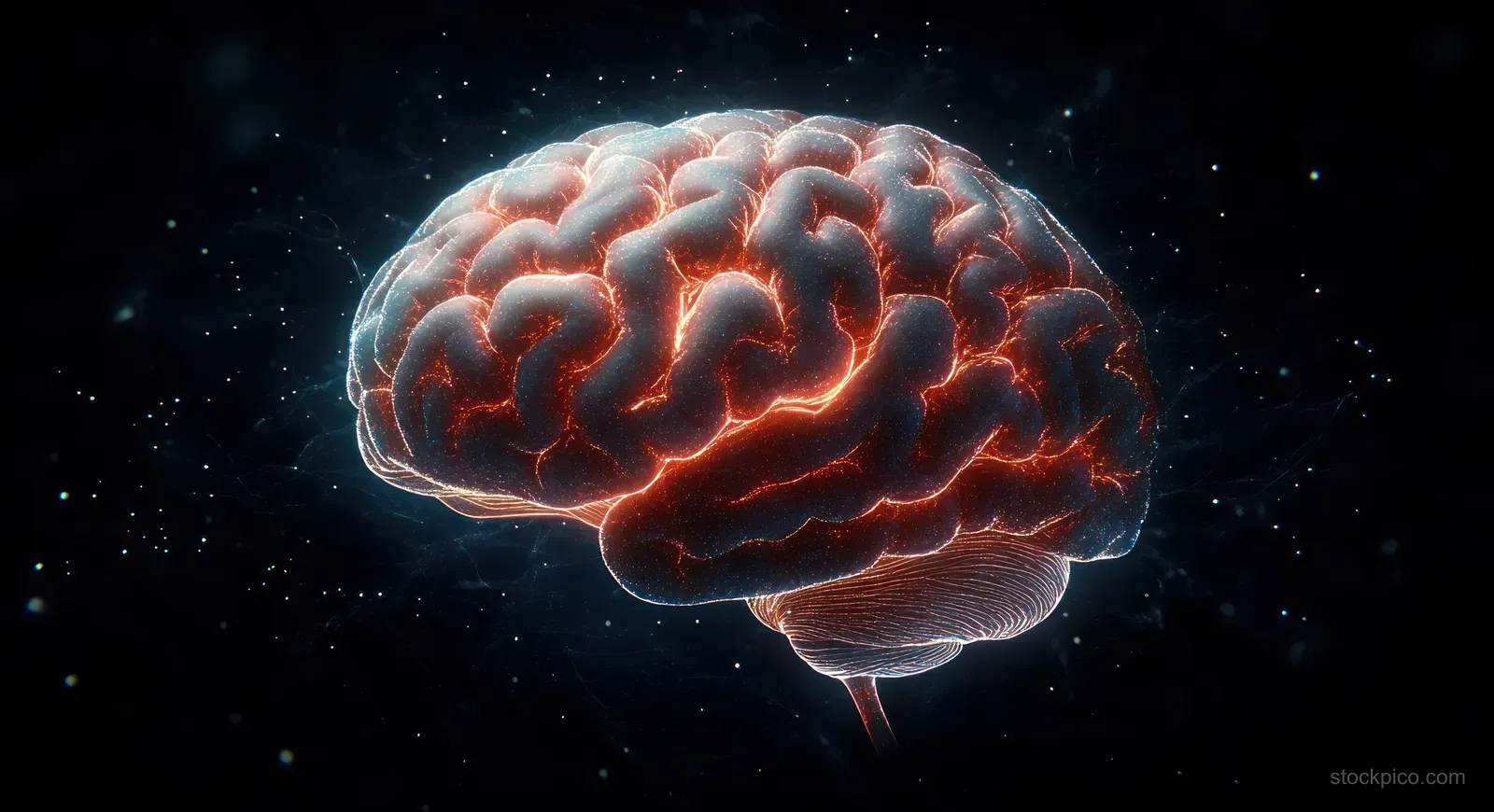 Glowing human brain with red neural network lines floating against a dark cosmic background.