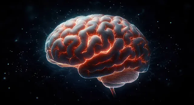 Glowing human brain with red neural pathways floating in a dark cosmic field
