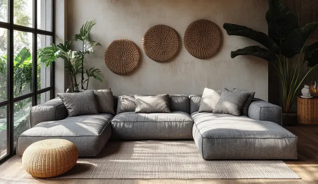 Gray L-shaped sectional sofa in a Scandinavian living room with woven wall decor and natural light from large windows.