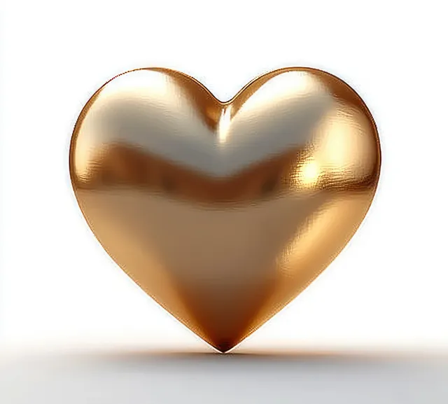 Shiny metallic gold heart icon reflecting light on a clean white background