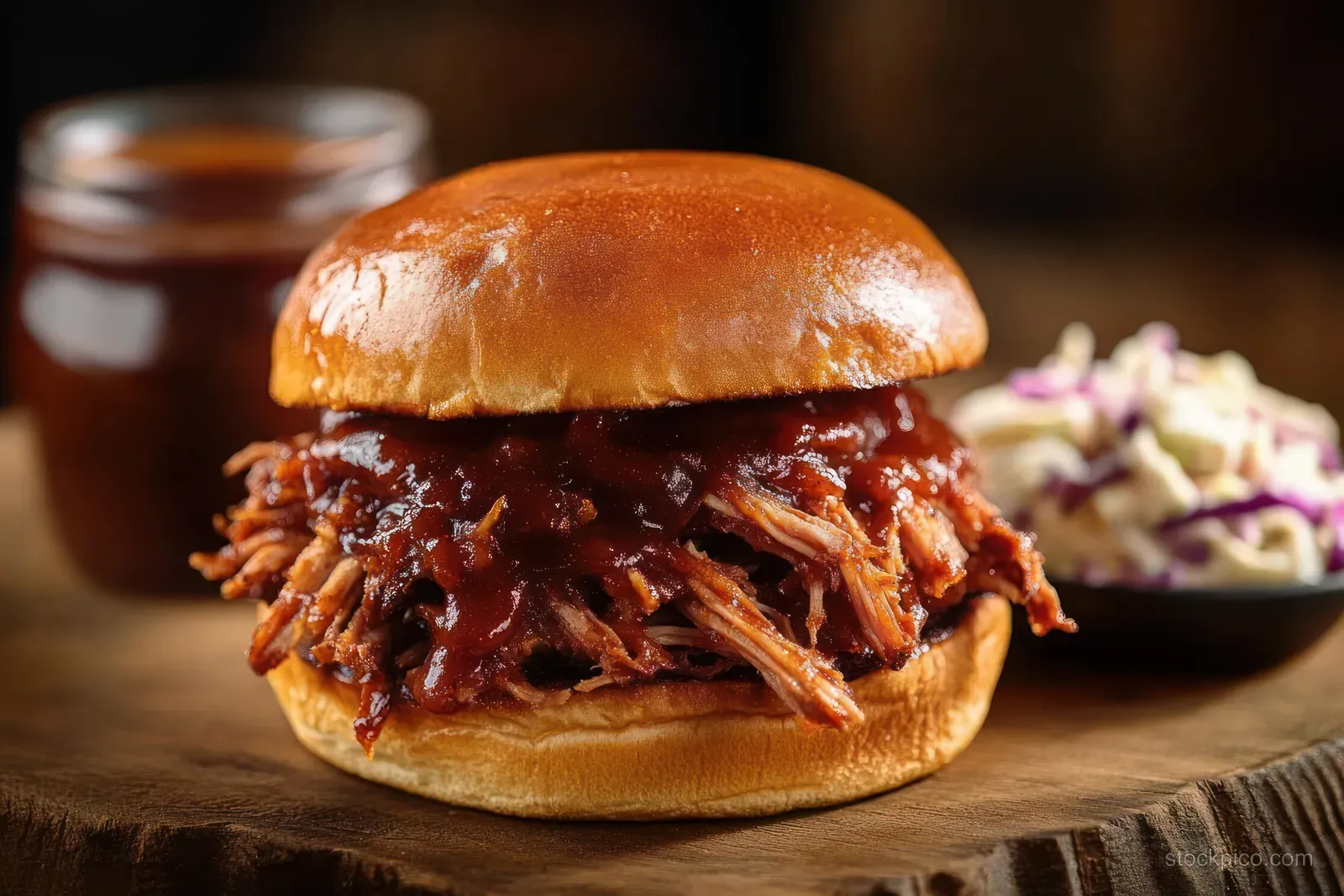 Close-up of a pulled pork sandwich on a toasted bun with barbecue sauce and coleslaw in the background.