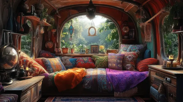 Bohemian vintage caravan interior with patterned bedding, hanging plants, and a warm lamp glowing by arched windows.