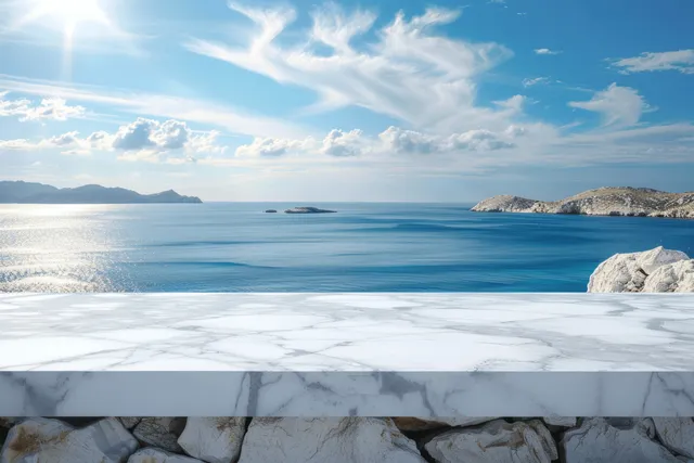 White marble tabletop sits in front of a blurred Aegean sea view with bright sunlight and coastline rocks.