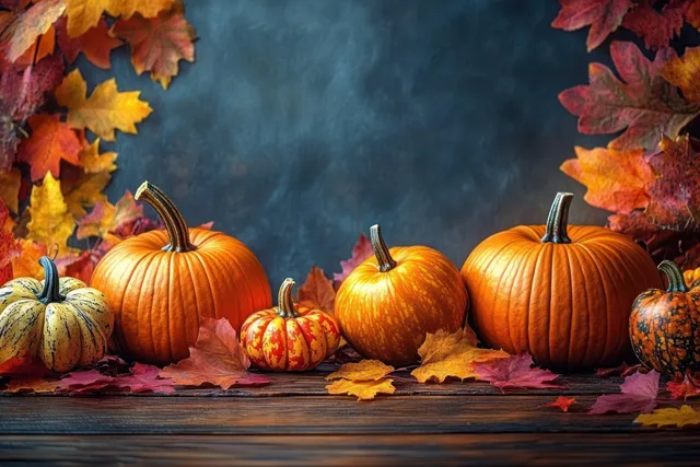 Pumpkins and fall leaves arranged on rustic wooden table for Thanksgiving