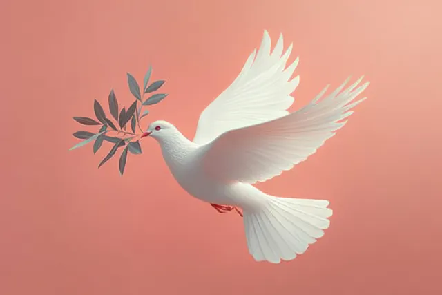 A white dove flies while holding an olive branch against a soft peach gradient background.