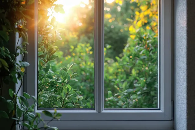 Golden sunlight filters through green leafy branches visible beyond a white framed window with soft glare.
