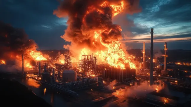 A refinery tank farm burns at dusk with bright flames and thick smoke rising over steel pipes and structures.