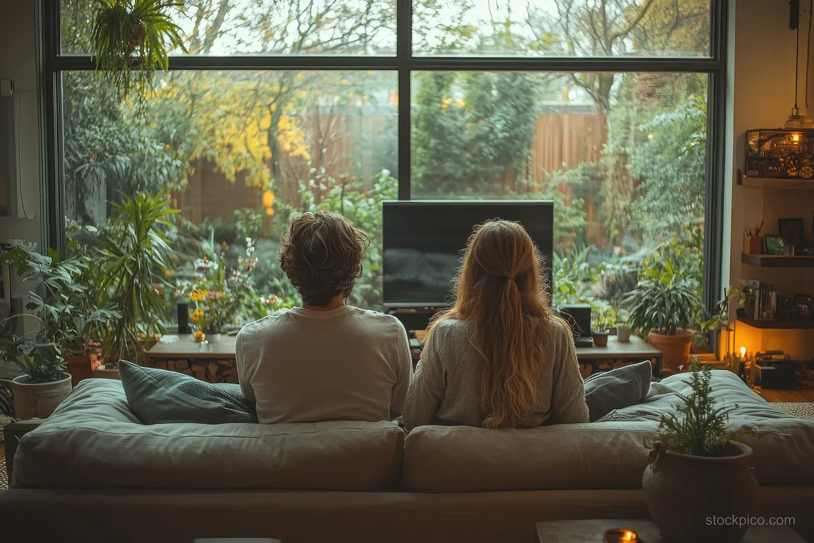 A couple sits on a sofa at home reviewing investment plans on a laptop with daylight streaming through large windows.