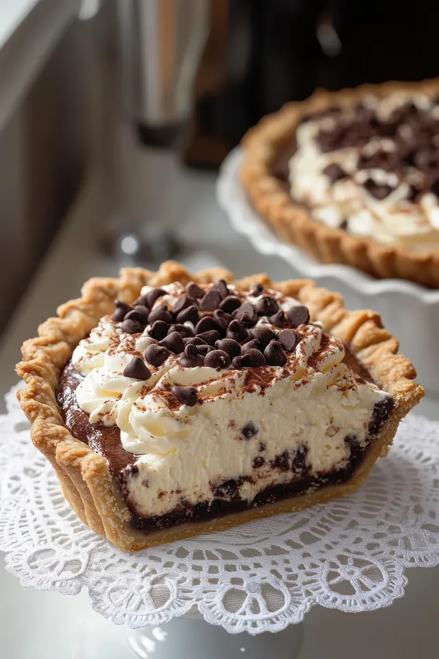 Creamy chocolate pie slice on doily, whipped cream and chocolate chips close-up with whole pie