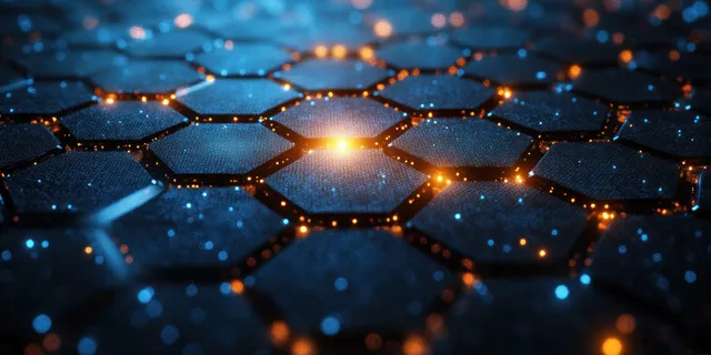 Glowing hexagon network tiles connected by light points across a soft blue gradient background.