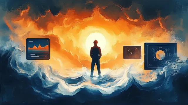 Silhouette stands in turbulent ocean waves as a glowing sun and floating digital interface icons fill the fiery sky.
