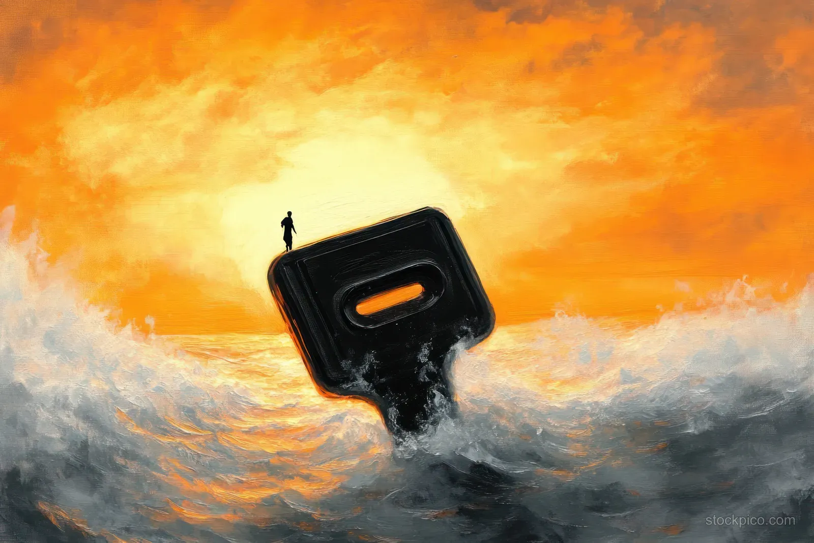 A lone silhouette stands on a large key protruding from turbulent waves beneath an orange sunset sky.