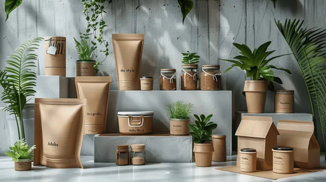 Coffee and beauty product packages arranged on a shelf with potted plants and kraft paper textures behind them.