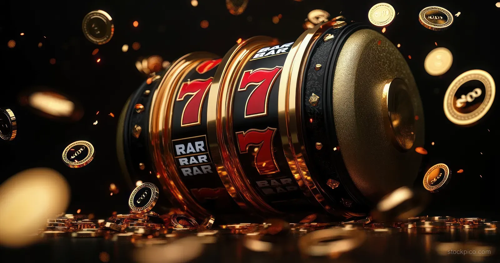 A golden slot machine spins red seven symbols while coins fall through a dark casino lit by spotlights.