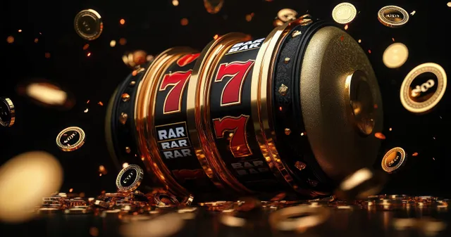 A golden slot machine spins red seven symbols while coins fall through a dark casino lit by spotlights.