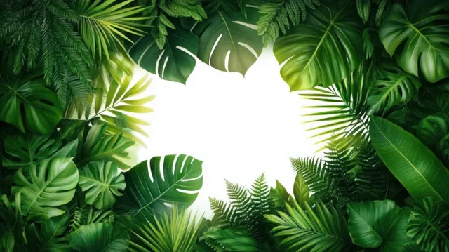 Tropical leaves and ferns create a natural border around a bright white blank space in the center.