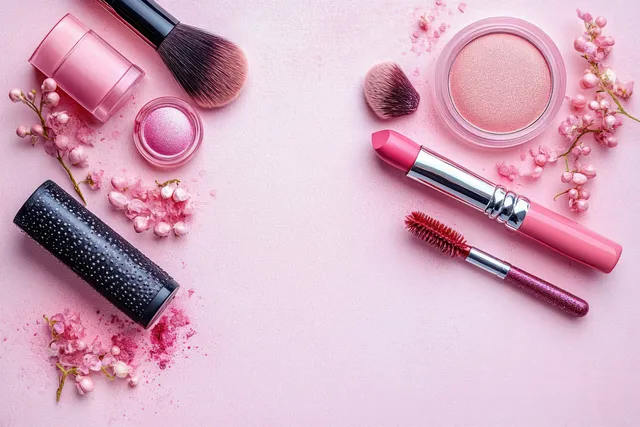 Pink makeup items including lipstick, mascara, blush, brushes, and cherry blossoms arranged on a light pink textured background.