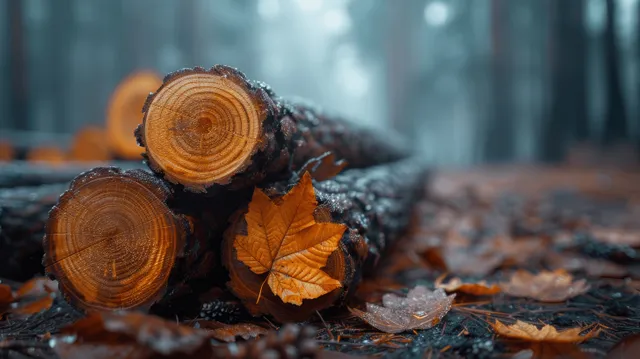 Cut timber logs lie on a forest floor with scattered leaves amid foggy dark pine trees.
