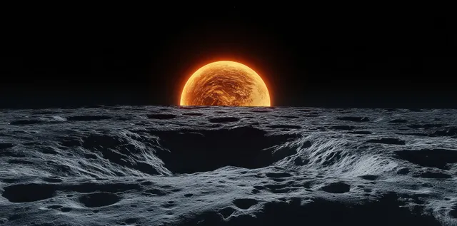 Cratered lunar ground at sunrise with fiery horizon rim light and Mars visible in the background sky.